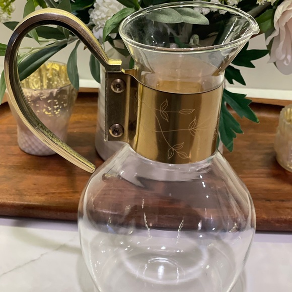 Vintage 70s Princess House Brass Coffee Tea Glass Carafe Pitcher - Picture 5 of 5
